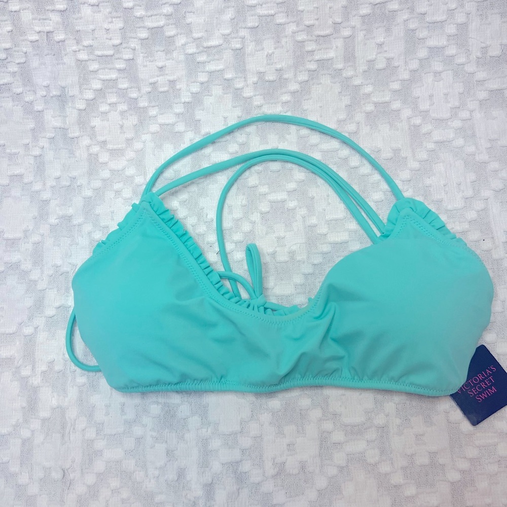 Victoria’s Secret Swim turquoise teal bikini top tie back ruffle hem detail